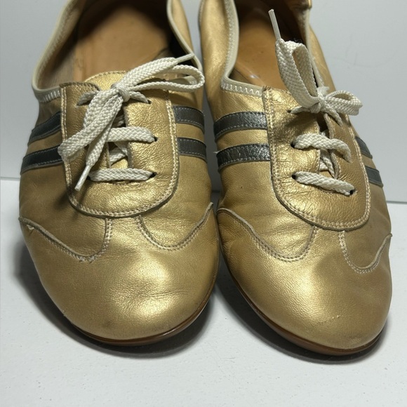 Sesto Meucci Leather Metallic Gold Lace Up Sneakers with Dark Stripes - Picture 14 of 16
